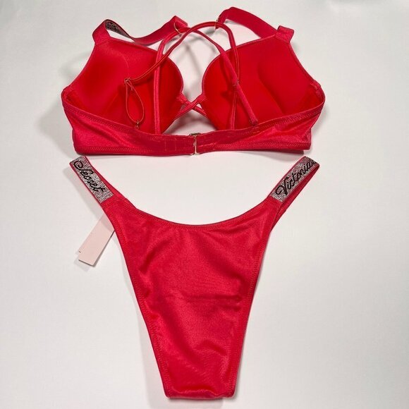 Victoria Secret 32D S Bombshell Push Up Top Bikini Set Logo Shine Strap Pink - Picture 7 of 14